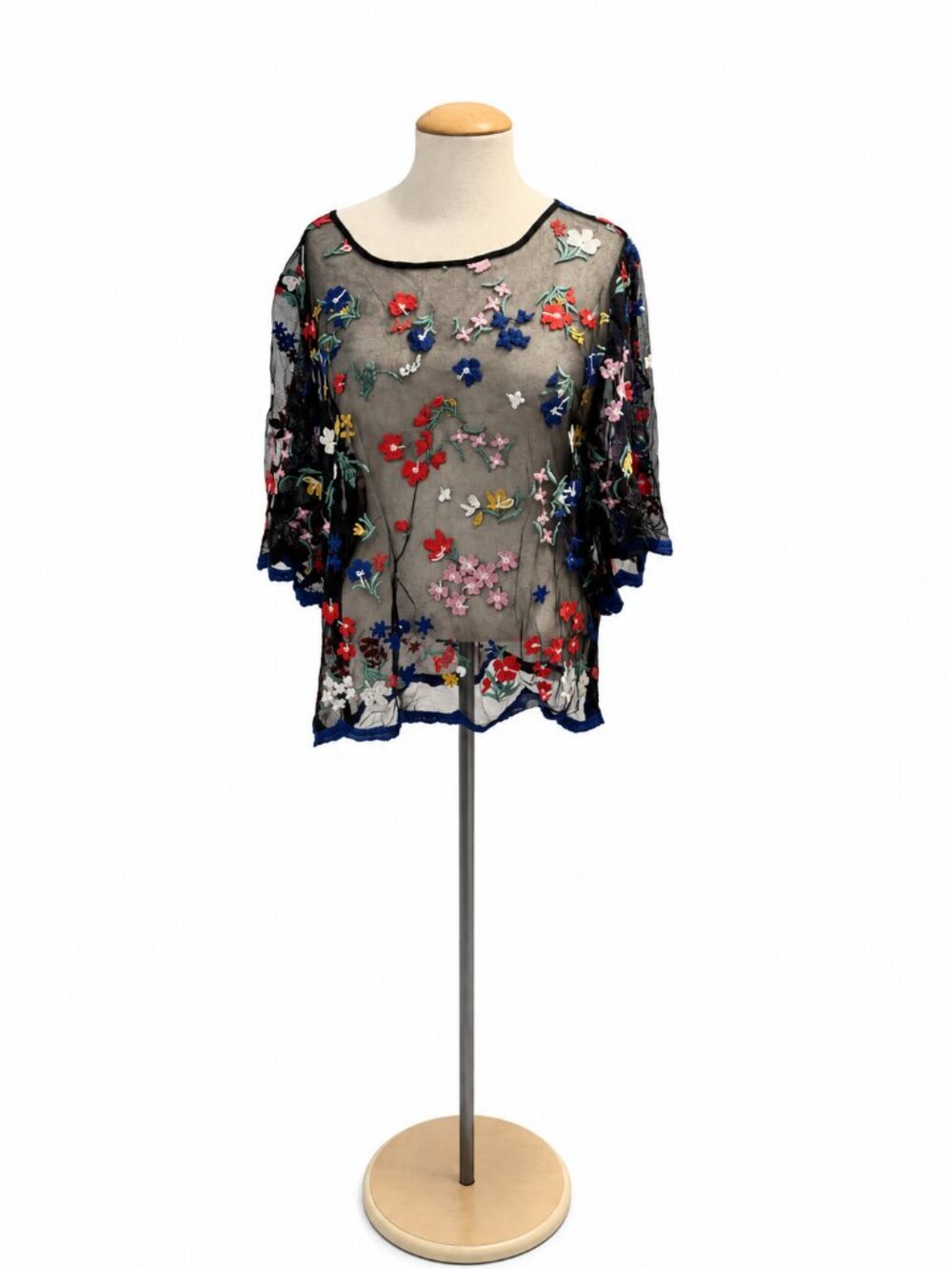 Maeve Embroidered Floral Sheer Black Top Size S